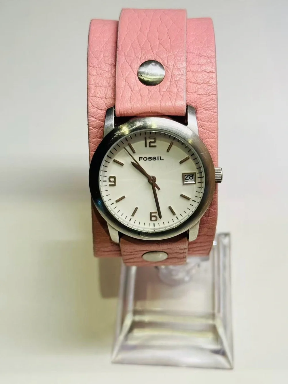Fossil Women’s Watch Quartz Date Pink Leather Strap 31mm New Battery Runs